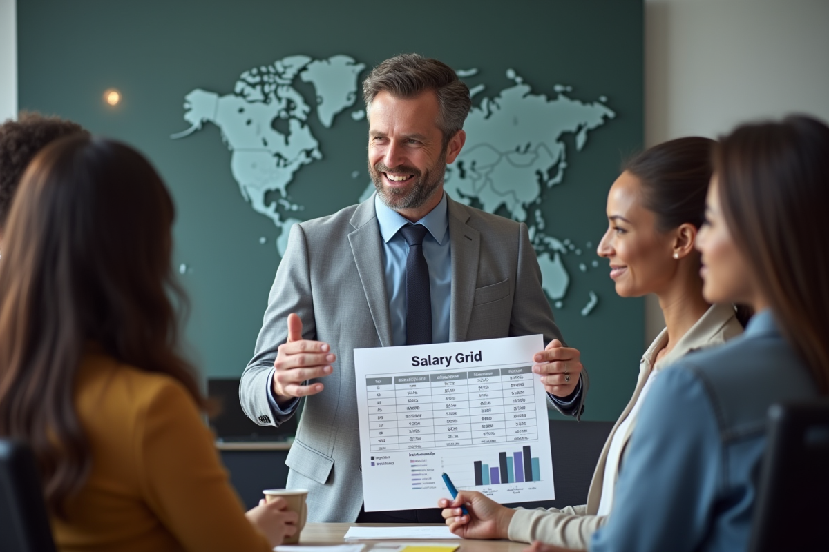Manager RH présentant une grille de salaire à une équipe diverse