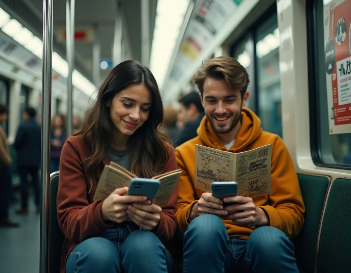 Deux amis lisant des mangas en version française sur leur smartphone dans le métro lors d'un trajet quotidien