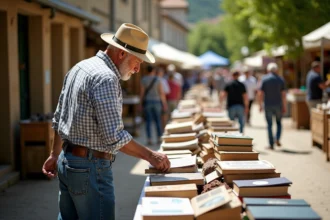 Homme âgé parcourant un marché vintage en TarnetGaronne