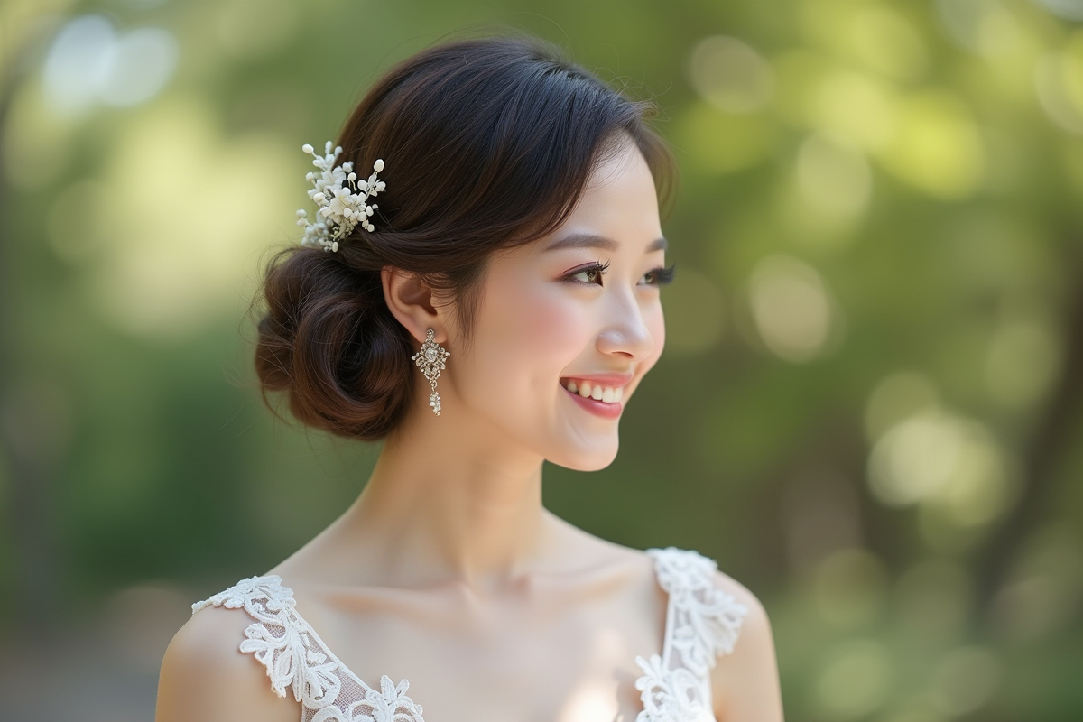 Mariée souriante avec coiffure courte et accessoires floraux