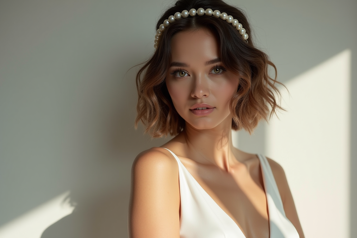 Mariée moderne avec headband en perles et robe blanche élégante