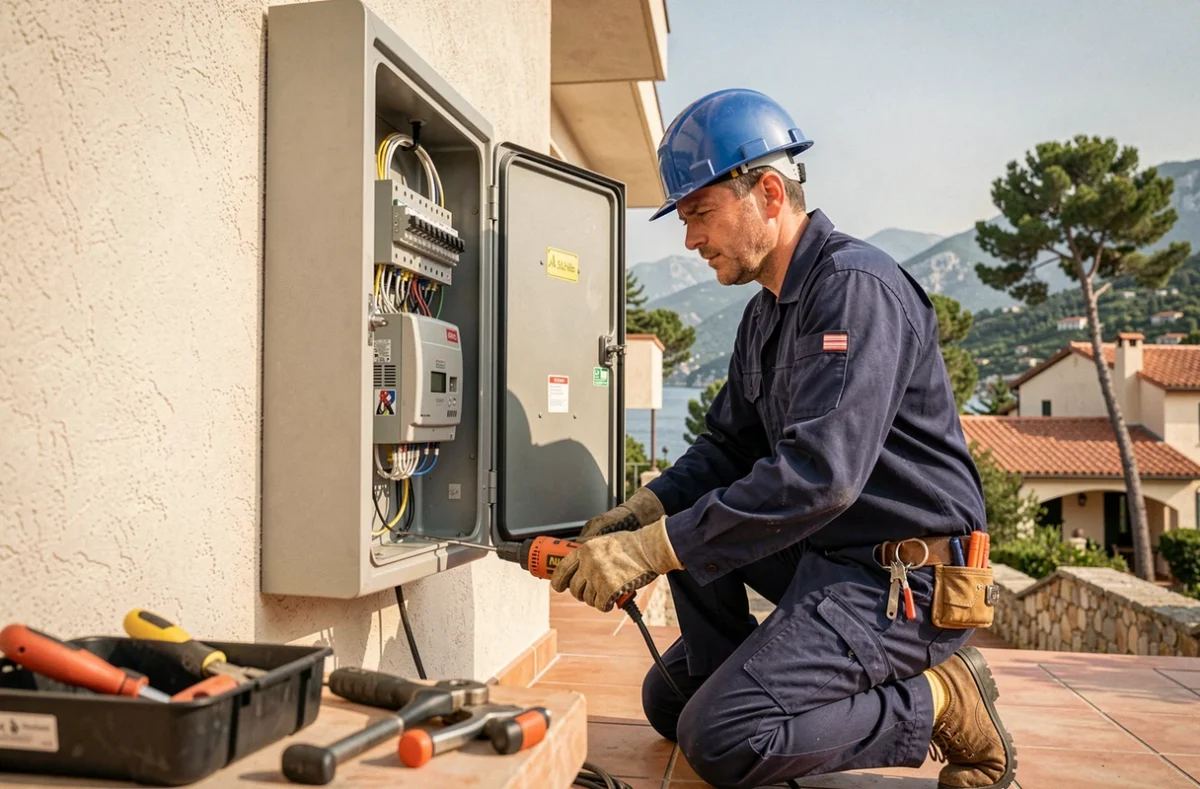 Un électricien professionnel travaillant sur un tableau électrique extérieur avec un paysage des Alpes-Maritimes en arrière-plan
