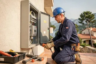 Un électricien professionnel travaillant sur un tableau électrique extérieur avec un paysage des Alpes-Maritimes en arrière-plan