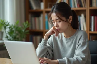 Jeune femme adulte vérifiant attentivement du contenu en ligne sur son ordinateur portable dans un bureau à domicile, illustrant la modération et la vigilance numérique sur une plateforme bisexuelle.