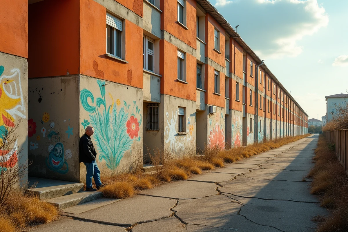 Cité de la Mosson à Montpellier avec fresques murales décolorées, fenêtres cassées et végétation sèche poussant dans les fissures du sol