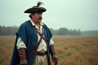 Reconstitution historique d'un mousquetaire du XVIIe siècle en costume d'époque dans un champ automnal en France