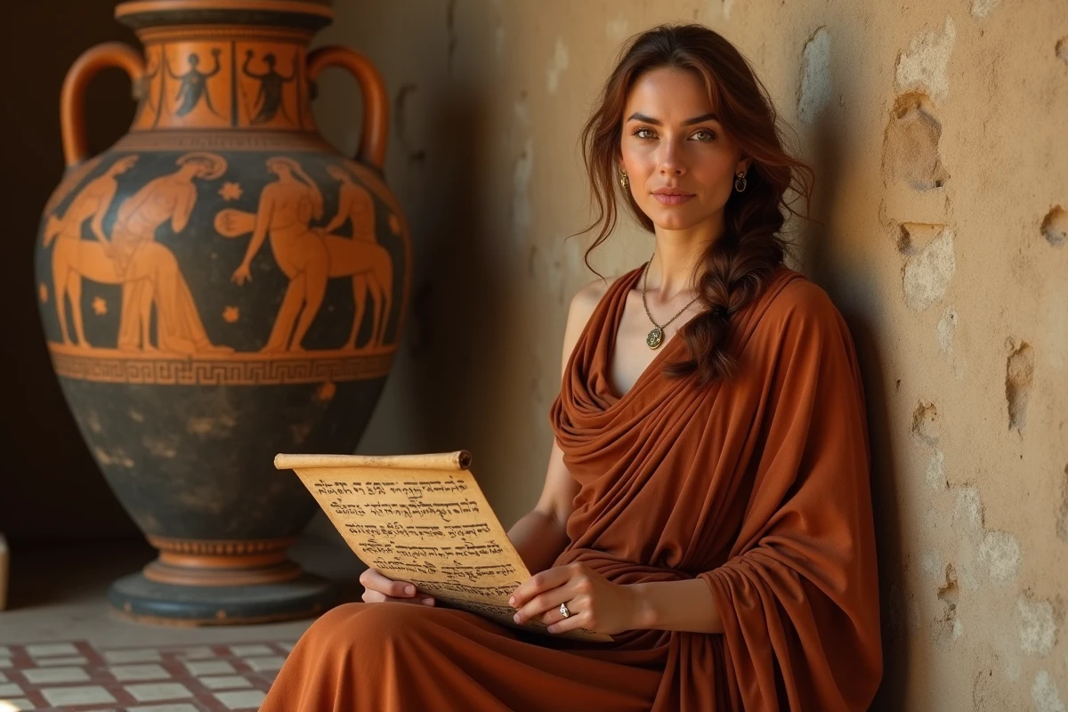 Femme en costume grec ancien tenant un parchemin près d'une amphore, évoquant les déesses et la culture de la mythologie grecque