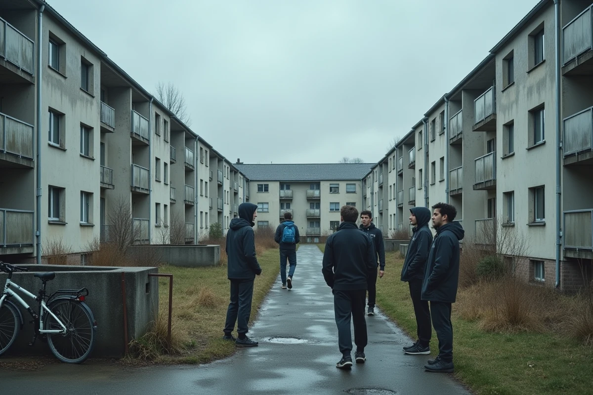 Cité périphérique de Nantes par temps couvert, immeubles identiques en béton gris et jeunes rassemblés près d'une cage d'escalier