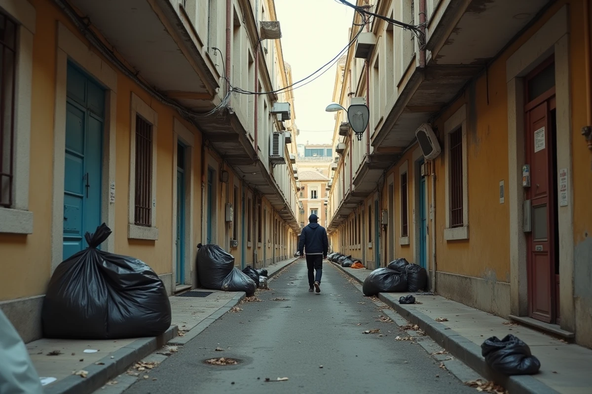 Ruelle d'un quartier populaire de Nîmes avec immeubles bas, volets rouillés et sacs-poubelles épars dans une allée étroite
