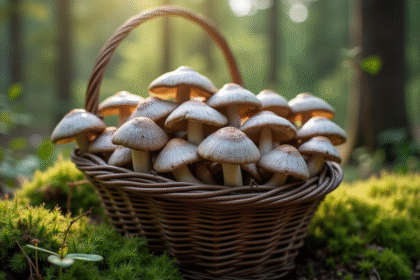 Panier de chanterelles grisées sur sol forestier