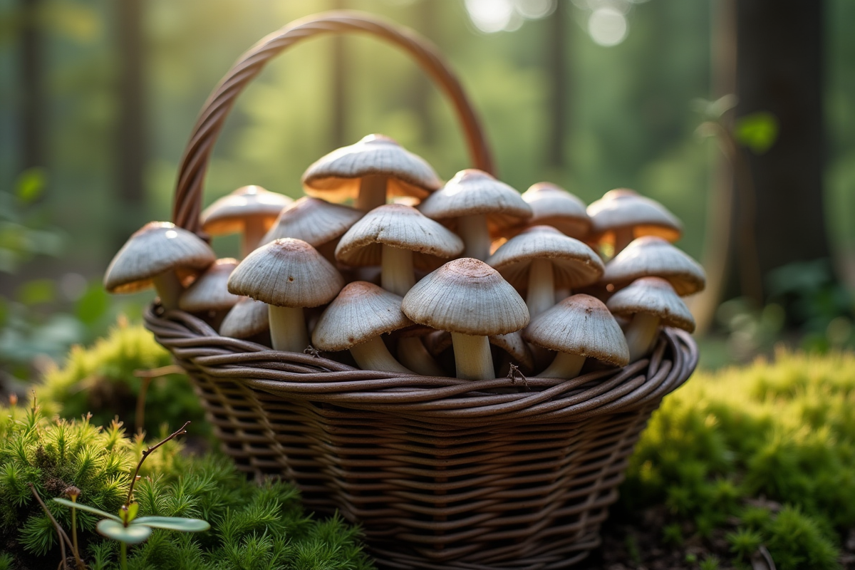 Panier de chanterelles grisées sur sol forestier