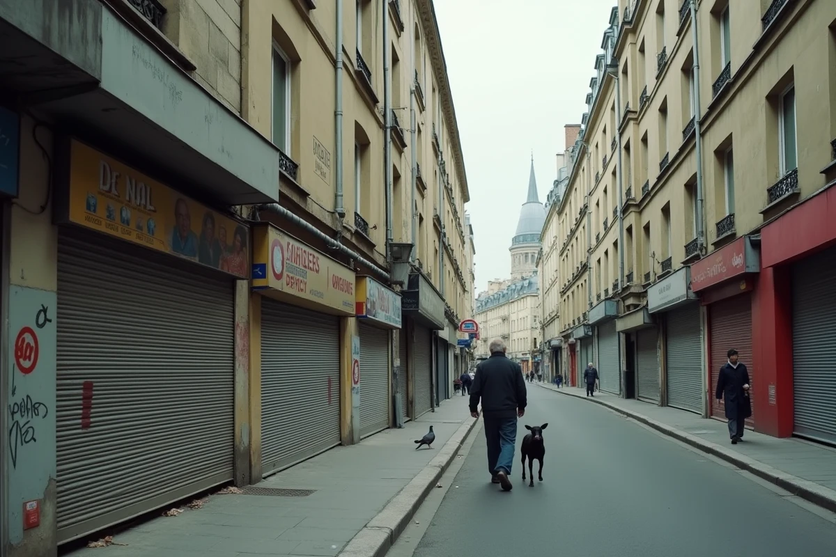 Rue d'un arrondissement périphérique parisien avec des immeubles HLM, des commerces fermés et une atmosphère urbaine tendue