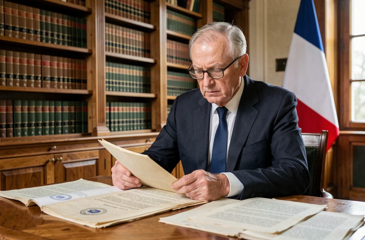 Parlementaire français examinant des documents juridiques dans un bureau institutionnel lié au contrôle de l'article 16 de la Constitution