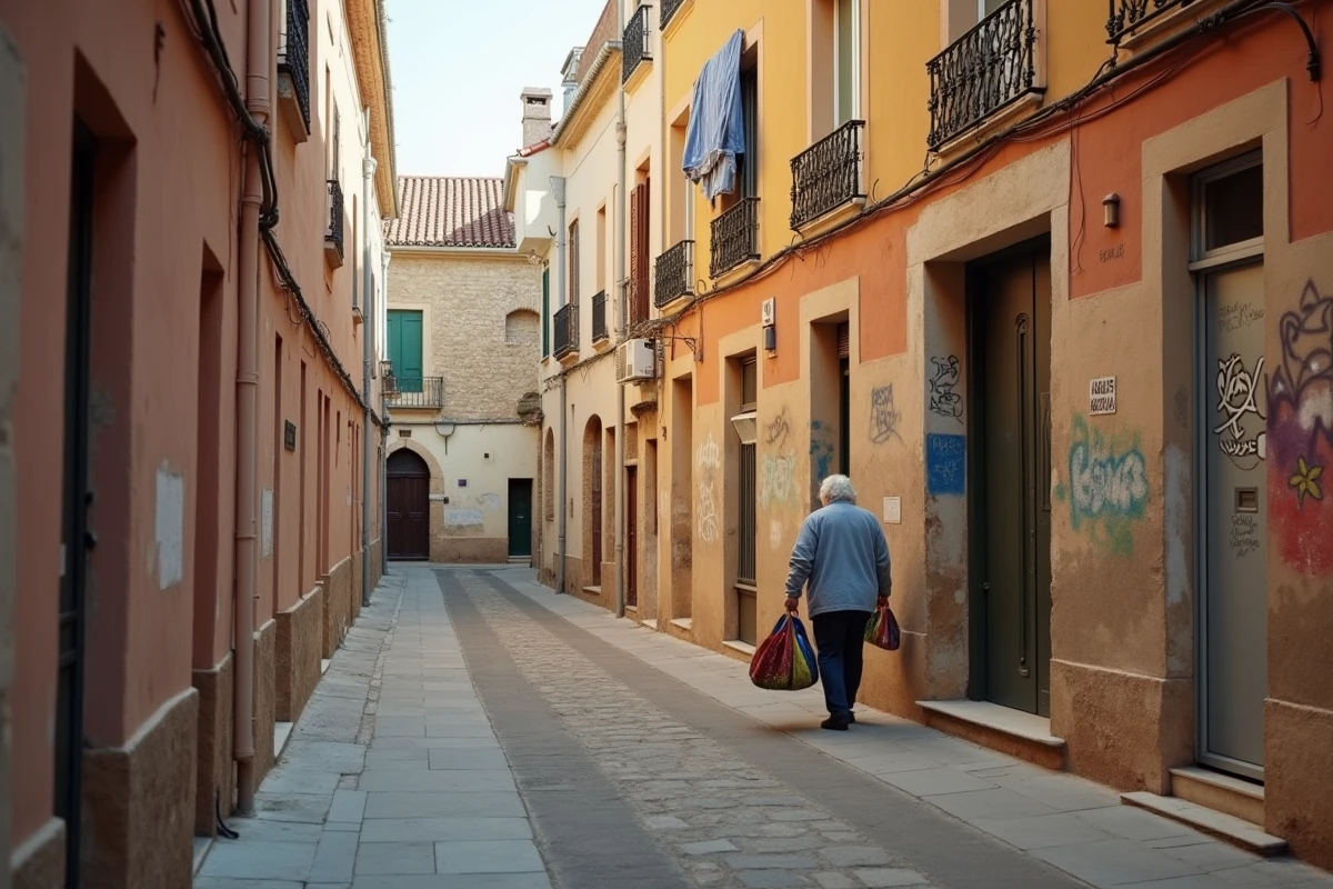 Quartier Saint-Jacques de Perpignan avec ruelles médiévales dégradées, linge aux fenêtres et portes taguées