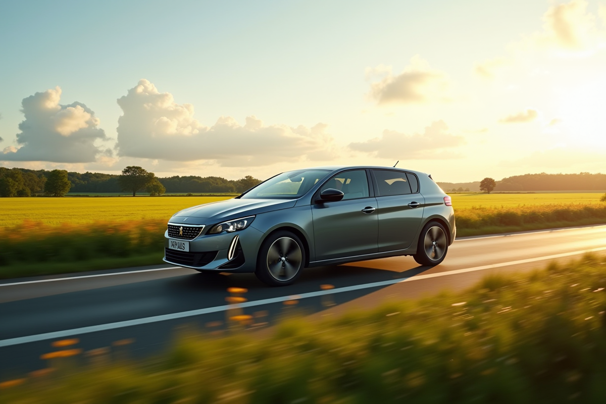 Peugeot 308 2021 roulant sur une route de campagne avec champs