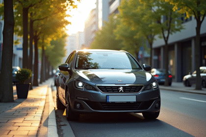 Peugeot 308 2021 stationnée en ville avec arbres et lumière