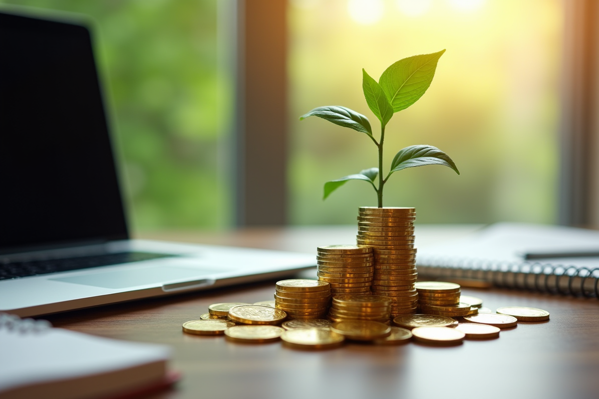 Plante verte poussant sur des pièces d or sur un bureau en bois