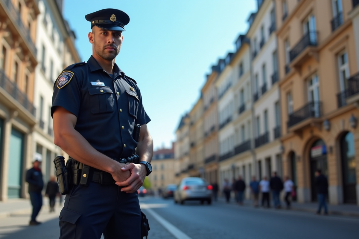 Policier français en uniforme dans une rue urbaine ensoleillée