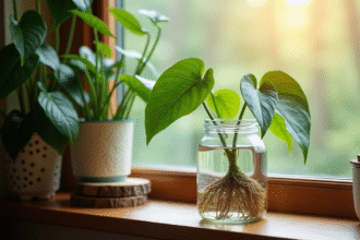 Pothos en eau sur une fenêtre lumineuse avec racines visibles