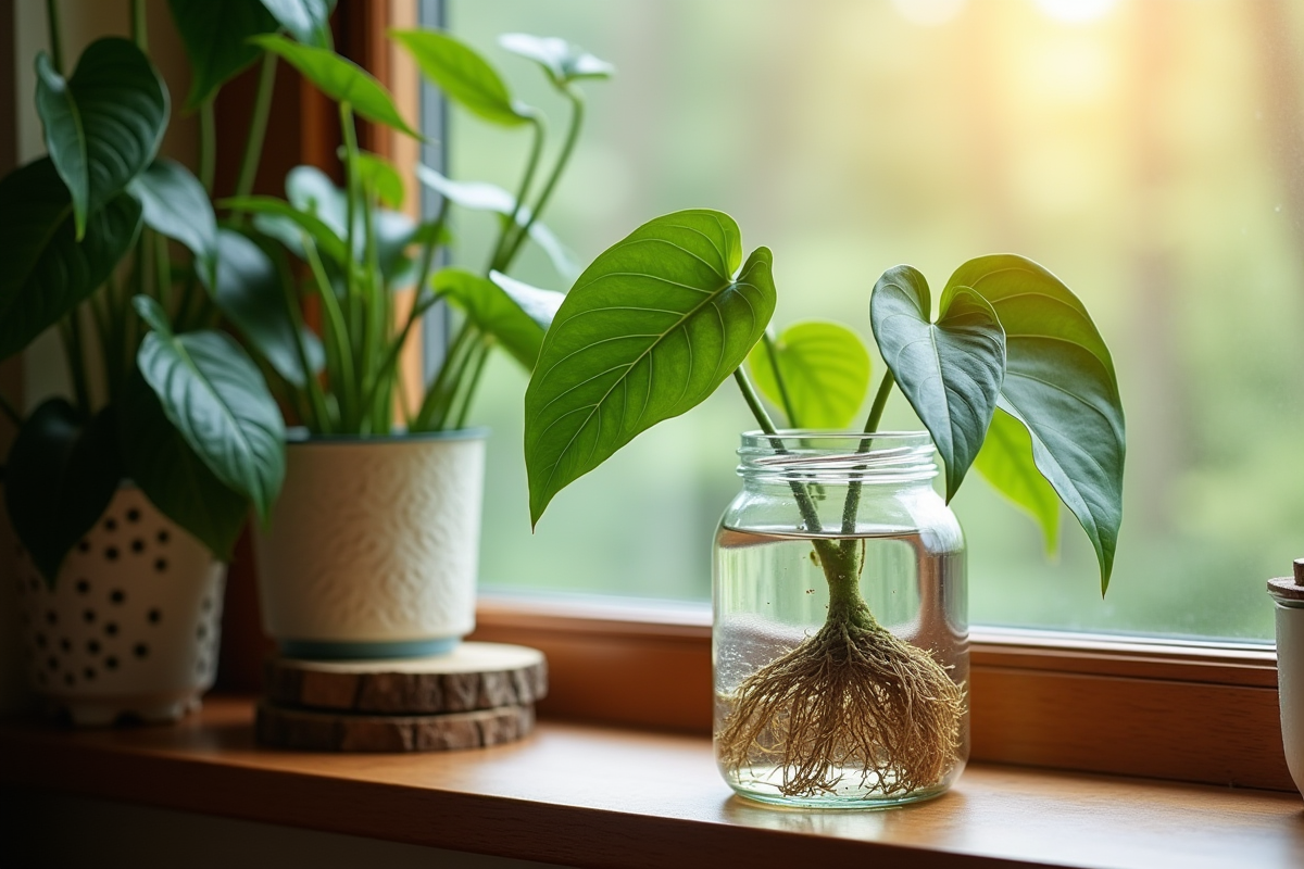 Pothos en eau sur une fenêtre lumineuse avec racines visibles