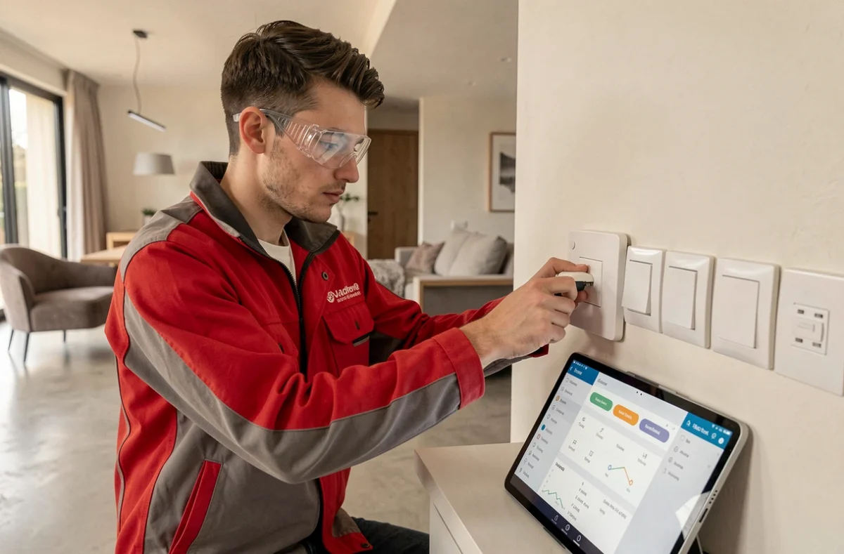 Électricien de Prestatech installant un système domotique dans une villa moderne à Valbonne