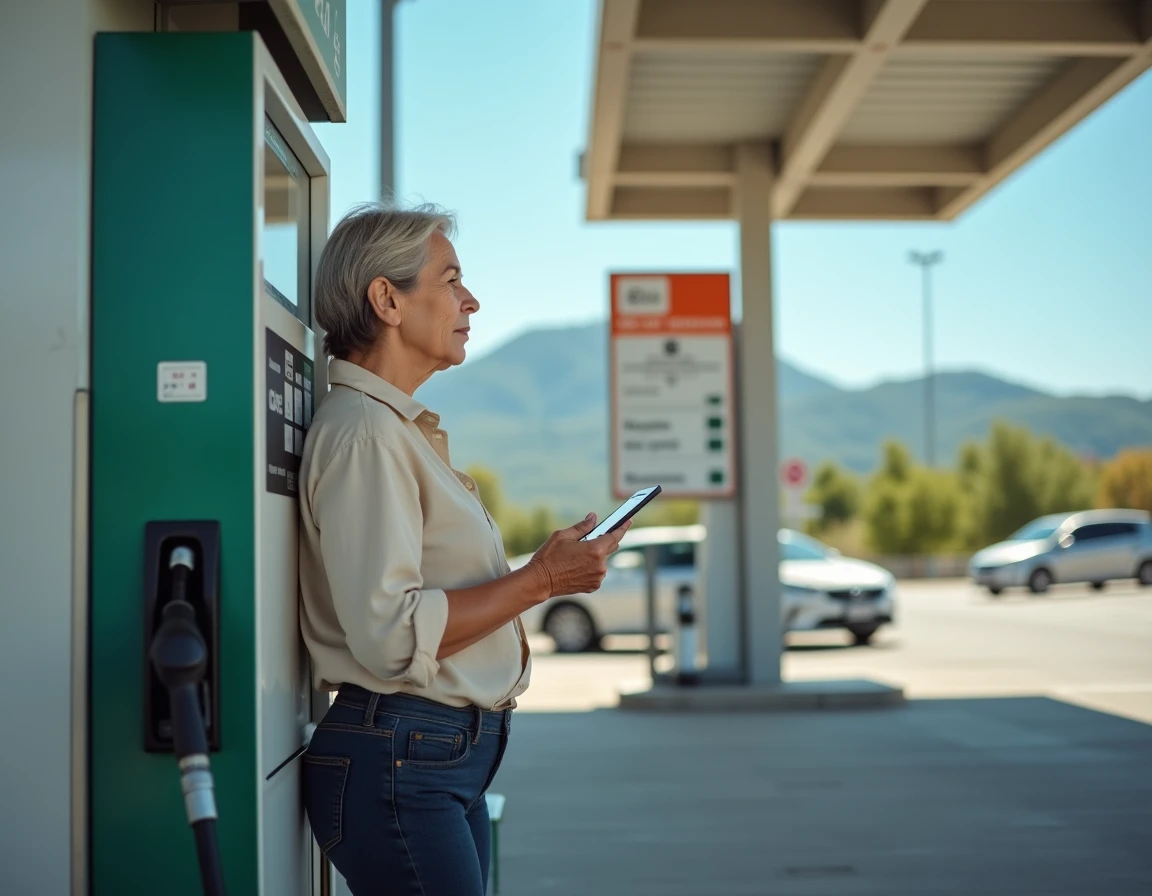 Femme lisant les prix à la pompe d'une station-service près de la Jonquera à la frontière franco-espagnole