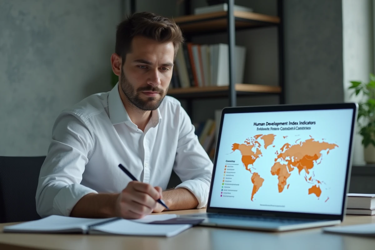 Jeune professionnel étudiant les critères de définition d'un pays développé sur un ordinateur portable dans un bureau à domicile