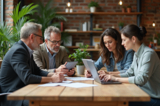 Groupe de professionnels collaborant dans un bureau écologique