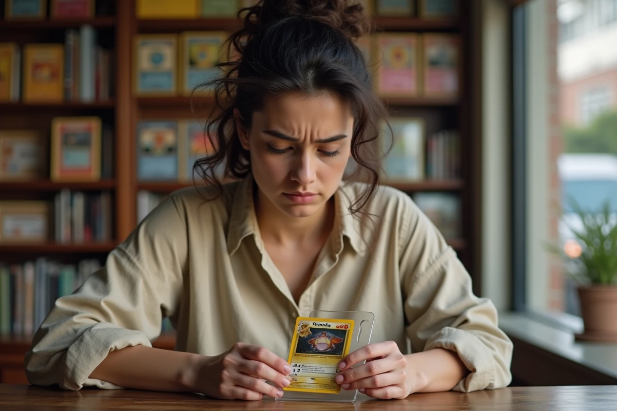 Collectionneuse plaçant une carte Pokémon rare dans une protection rigide pour éviter les erreurs de stockage qui diminuent sa valeur