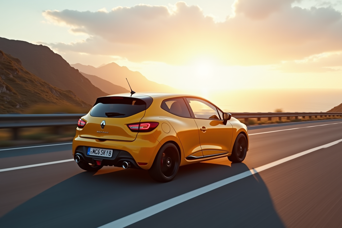 Renault Clio V6 en conduite sur route de montagne au lever du soleil