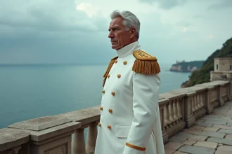 Saint Garling Figarland en amiral puissant sur une terrasse de forteresse dominant l'océan, illustration de sa puissance et autorité