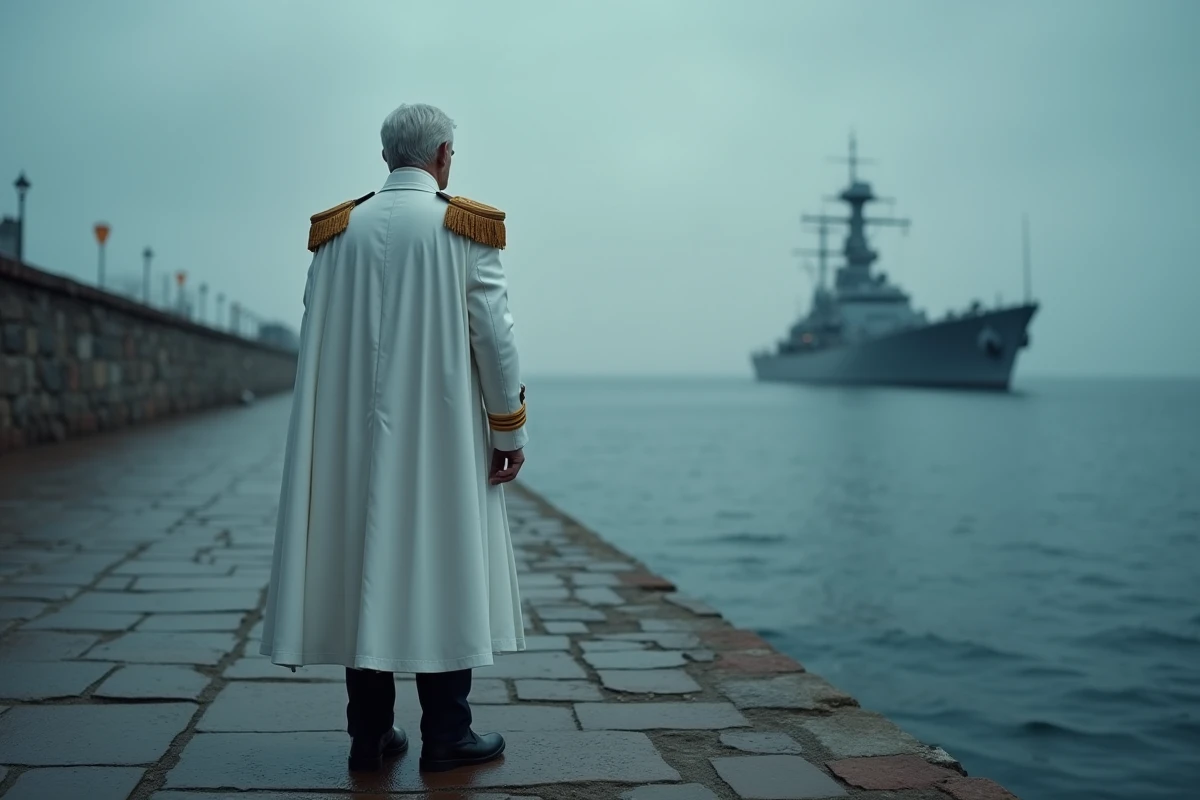 Saint Garling Figarland au bord d'un quai face à l'océan, silhouette imposante d'un amiral en manteau blanc avec navires en arrière-plan