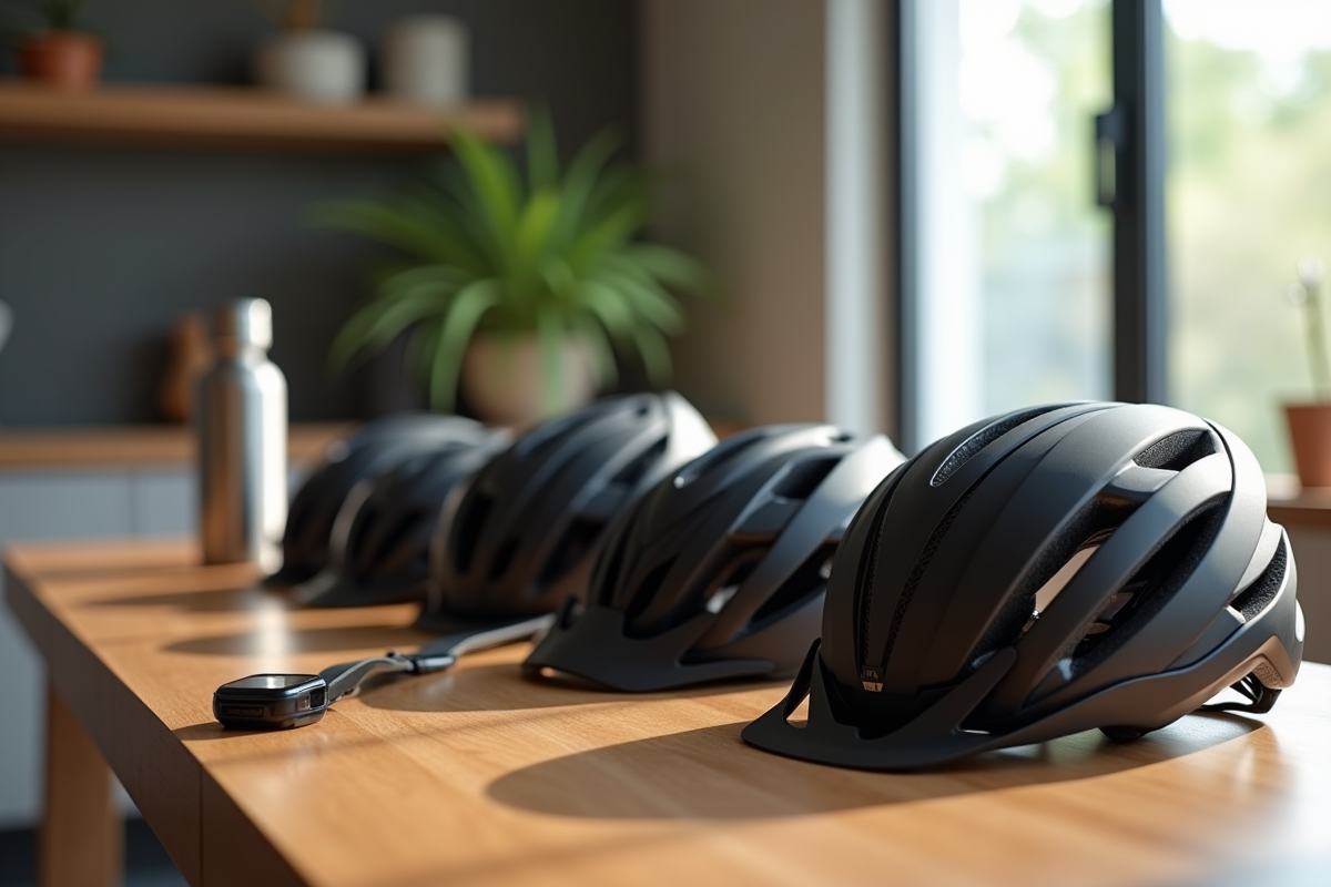 Sélection de casques de course high tech sur une table en intérieur