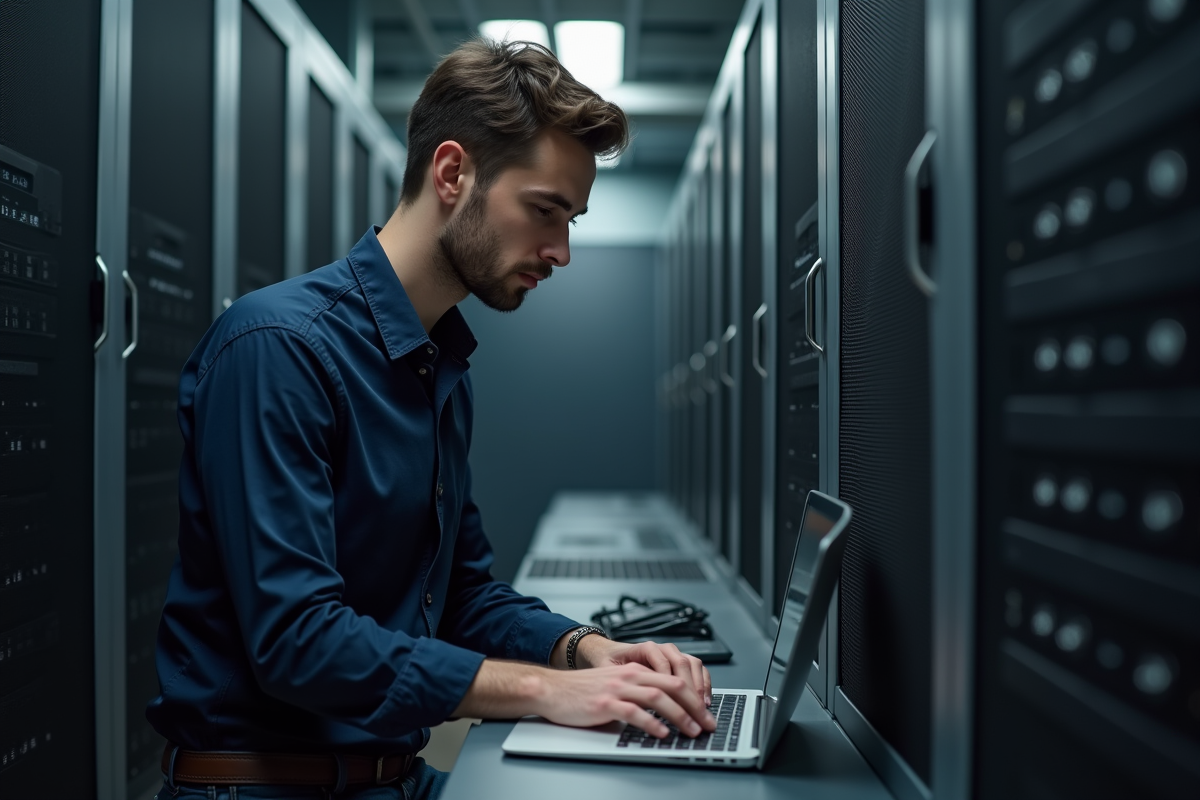 Jeune homme en informatique travaillant sur un laptop dans un centre de serveurs