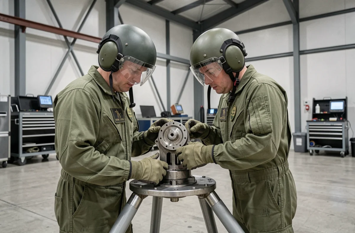 Techniciens militaires inspectant le rotor d'un hélicoptère de l'armée dans un hangar de maintenance
