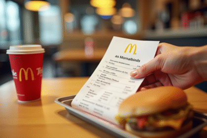 Main tenant un ticket vacances et un reçu McDonald's sur une table lumineuse