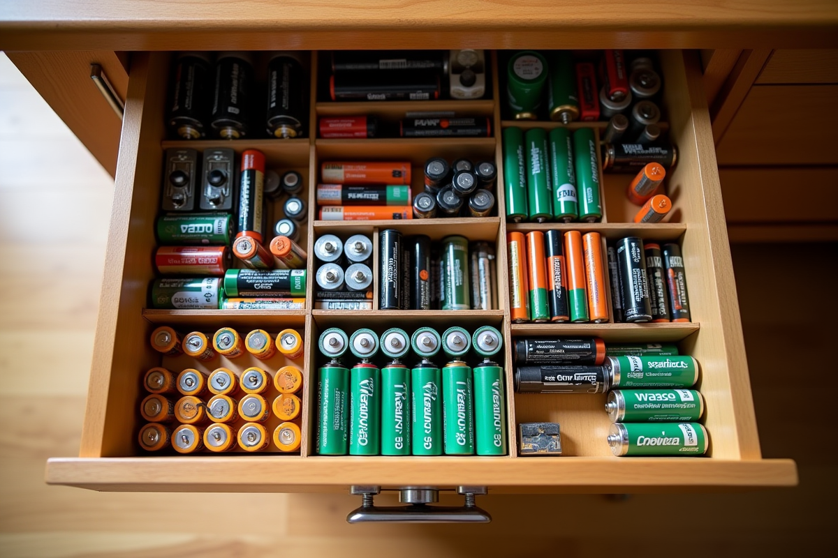 Tiroir organisé avec différentes batteries rangées