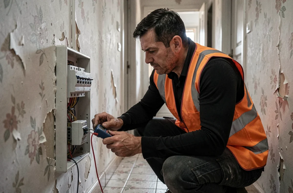 Électricien d'Urgence Electricite intervenant en urgence sur un tableau disjoncteur dans un couloir résidentiel