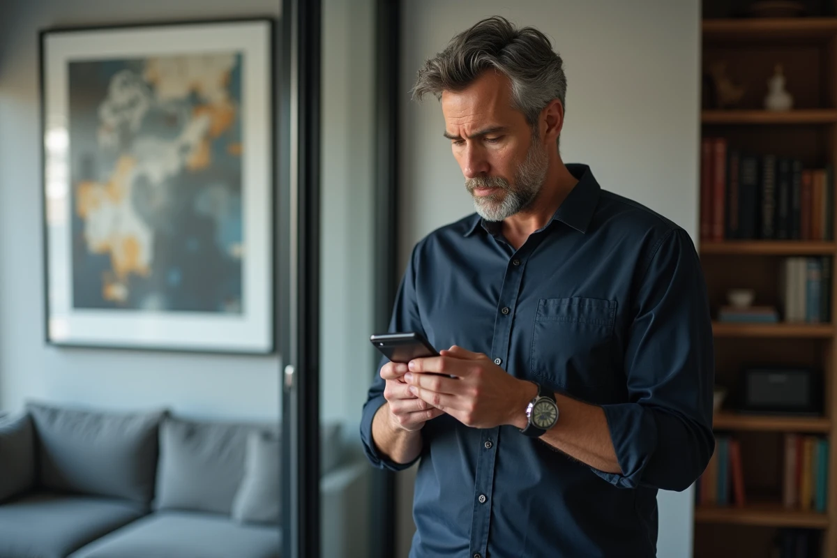 Homme adulte consultant son smartphone avec une expression réfléchie, symbolisant la lecture des conditions de modération et des limites de sécurité d'une application de rencontre bisexuelle.