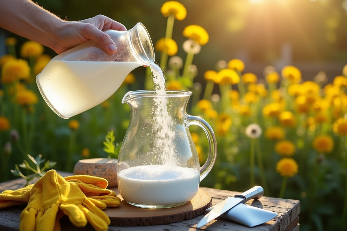 Mains versant vinaigre blanc et sel dans un grand récipient en plein air dans un jardin ensoleille