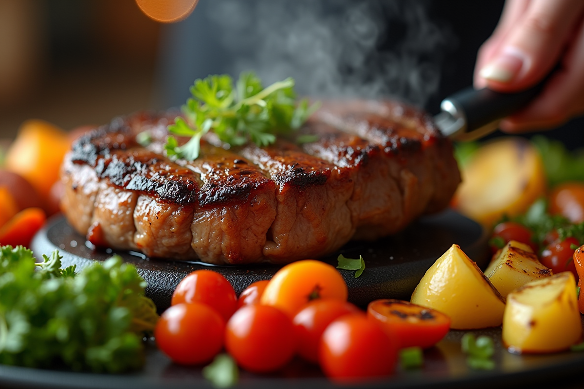 Gros plan sur une viande cuite sur la pierrade avec légumes colorés