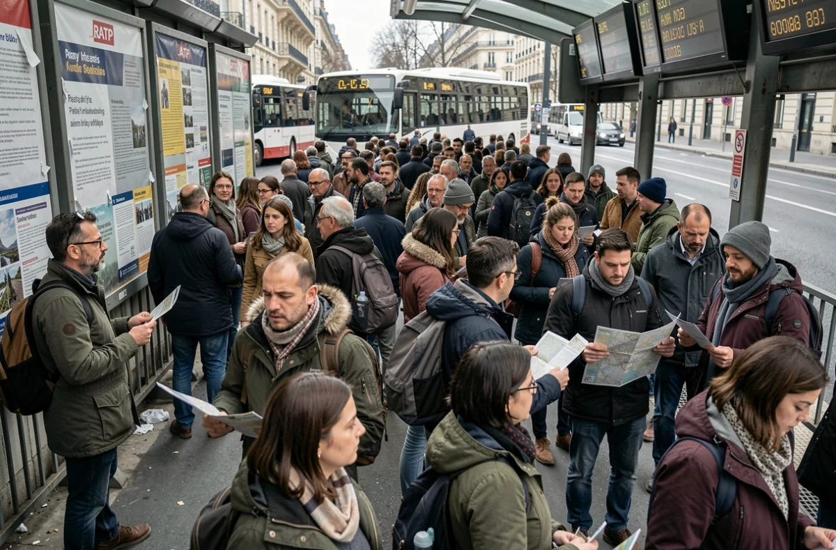 Voyageurs attendant leur bus à un terminus RATP perturbé par une grève des transports en commun