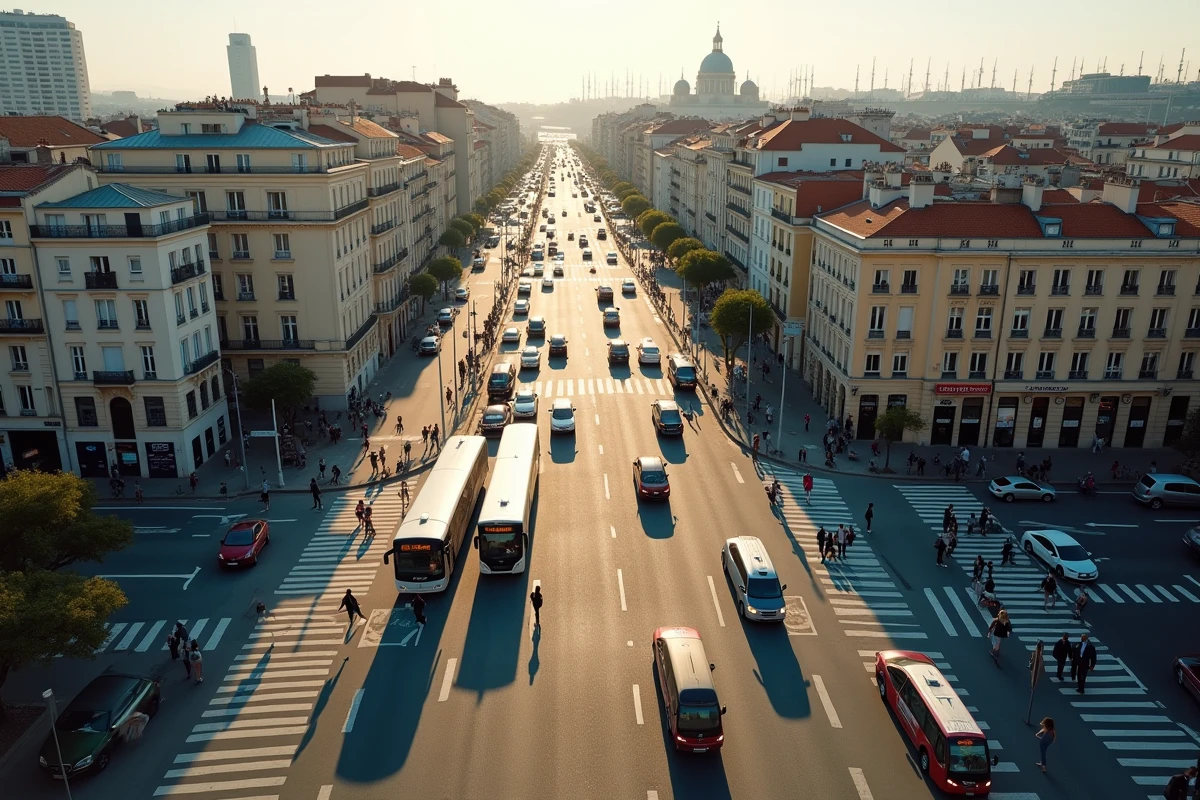 Vue aérienne d'un carrefour animé de Marseille avec piétons et transports en commun en circulation dense